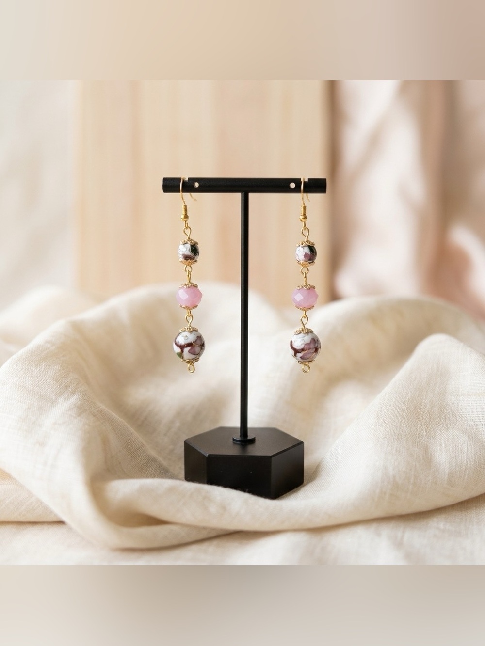 Handcrafted White Cloissone and Pink Crystal Necklace, Earrings and Bracelet Set - Picture 3 of 5
